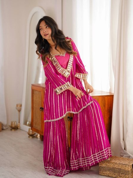 Women's Hot Pink Gold Zari Top and Sharara Set with Real Mirror Embroidery Ready To Wear Collection
