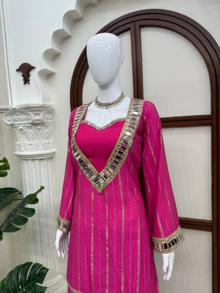 Women's Hot Pink Gold Zari Top and Sharara Set with Real Mirror Embroidery Ready To Wear Collection