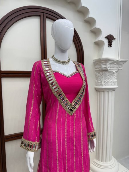 Women's Hot Pink Gold Zari Top and Sharara Set with Real Mirror Embroidery Ready To Wear Collection
