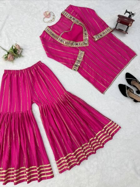 Women's Hot Pink Gold Zari Top and Sharara Set with Real Mirror Embroidery Ready To Wear Collection