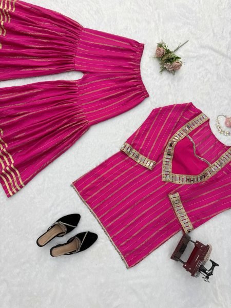 Women's Hot Pink Gold Zari Top and Sharara Set with Real Mirror Embroidery Ready To Wear Collection