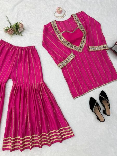 Women's Hot Pink Gold Zari Top and Sharara Set with Real Mirror Embroidery Ready To Wear Collection