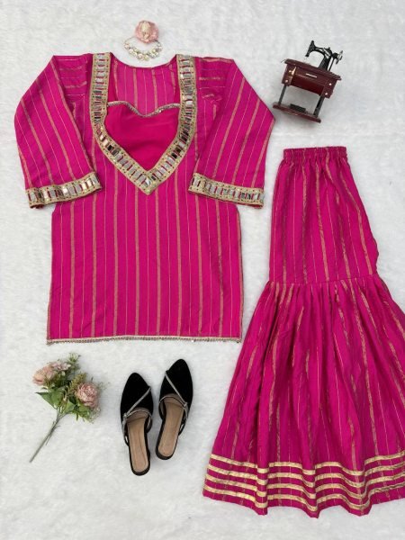 Women's Hot Pink Gold Zari Top and Sharara Set with Real Mirror Embroidery Ready To Wear Collection