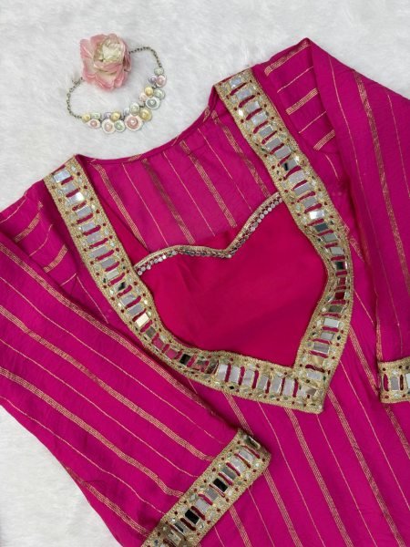 Women's Hot Pink Gold Zari Top and Sharara Set with Real Mirror Embroidery Ready To Wear Collection