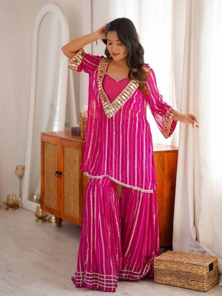 Women's Hot Pink Gold Zari Top and Sharara Set with Real Mirror Embroidery Ready To Wear Collection