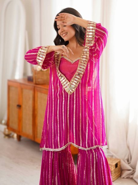 Women's Hot Pink Gold Zari Top and Sharara Set with Real Mirror Embroidery Ready To Wear Collection