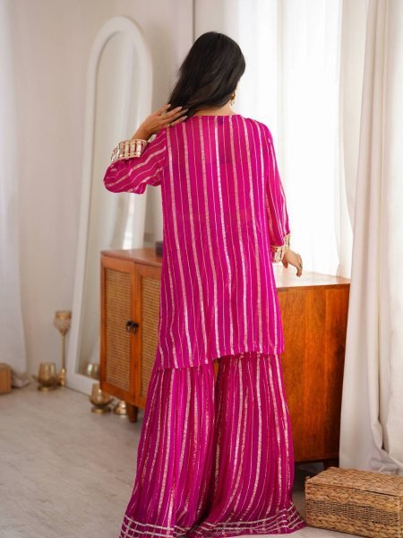 Women's Hot Pink Gold Zari Top and Sharara Set with Real Mirror Embroidery Ready To Wear Collection