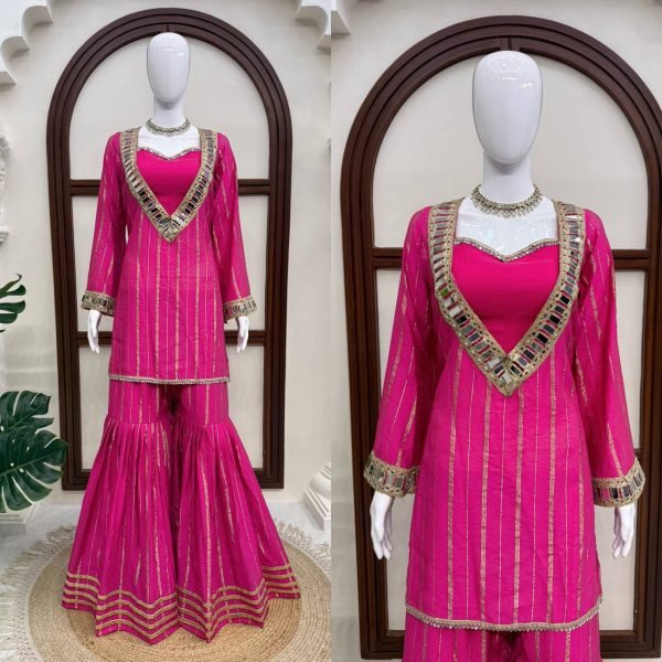 Women's Hot Pink Gold Zari Top and Sharara Set with Real Mirror Embroidery Ready To Wear Collection