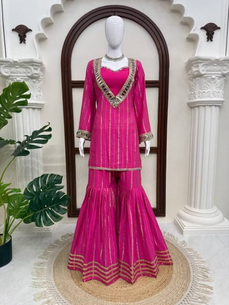 Women's Hot Pink Gold Zari Top and Sharara Set with Real Mirror Embroidery Ready To Wear Collection