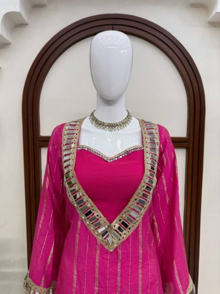 Women's Hot Pink Gold Zari Top and Sharara Set with Real Mirror Embroidery Ready To Wear Collection