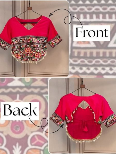 Women's Hot Pink Readymade Roman Blouse with Traditional Kutchi Embroidery