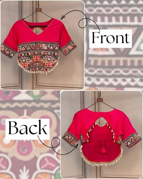 Women's Hot Pink Readymade Roman Blouse with Traditional Kutchi Embroidery Blouse Collection