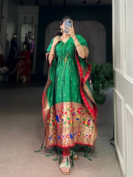 Women s Jacquard Paithani Kaftan with Zari Weaving Work   Free Size 