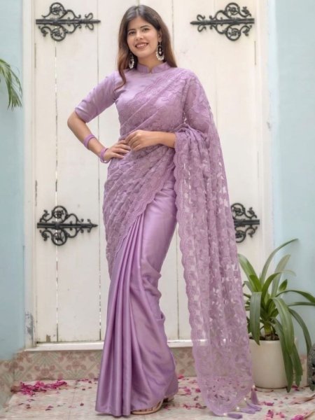 Women s Lavender Purple Satin Silk Party Wear Saree with Heavy Embroidery For Party Wholesale Sarees Suppliers in Canada