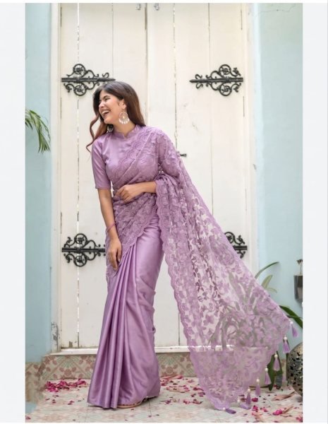 Women s Lavender Purple Satin Silk Party Wear Saree with Heavy Embroidery For Party Ready To Wear Saree 