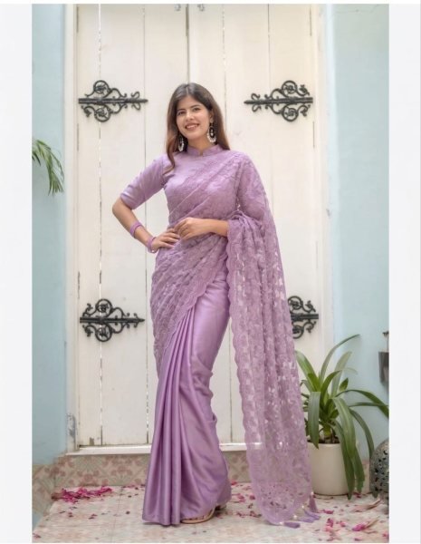 Women s Lavender Purple Satin Silk Party Wear Saree with Heavy Embroidery For Party Ready To Wear Saree 