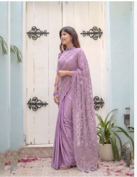 Women s Lavender Purple Satin Silk Party Wear Saree with Heavy Embroidery For Party Ready To Wear Saree 