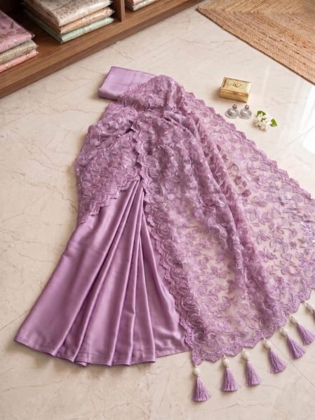 Women s Lavender Purple Satin Silk Party Wear Saree with Heavy Embroidery For Party Ready To Wear Saree 