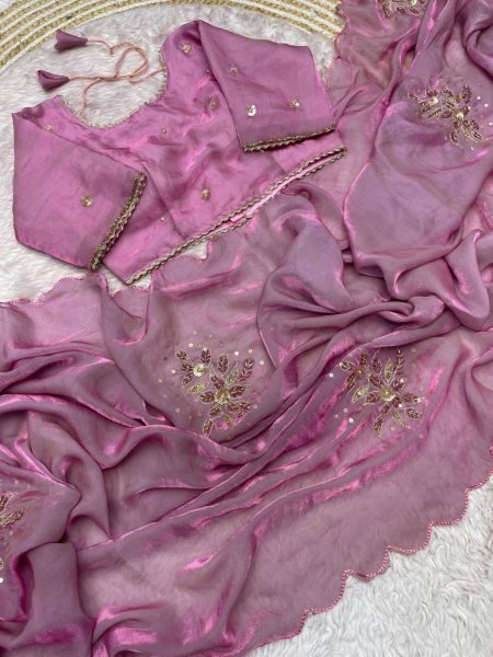 Women s Mauve Fandy Satin Bollywood Style Saree With Cut Border For Events 
