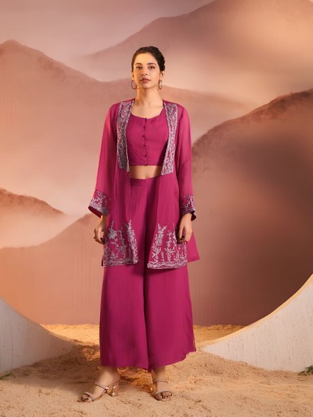 Women's Magenta Embroidered 3-Piece Palazzo and Crop Top Set with Shrug 