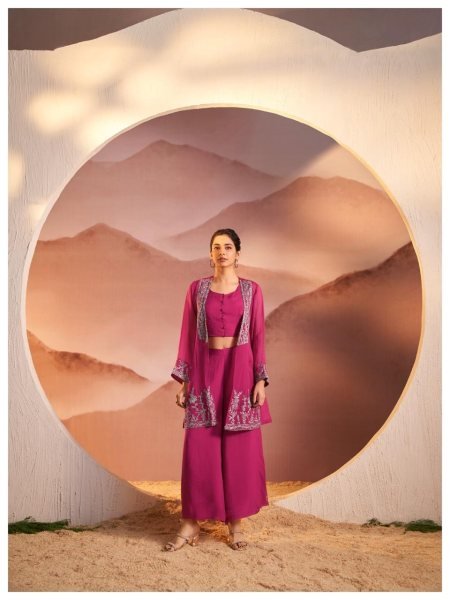 Women's Magenta Embroidered 3-Piece Palazzo and Crop Top Set with Shrug Designer Plazzo Salwar Suits Wholesale