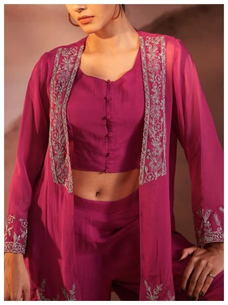 Women's Magenta Embroidered 3-Piece Palazzo and Crop Top Set with Shrug Designer Plazzo Salwar Suits Wholesale