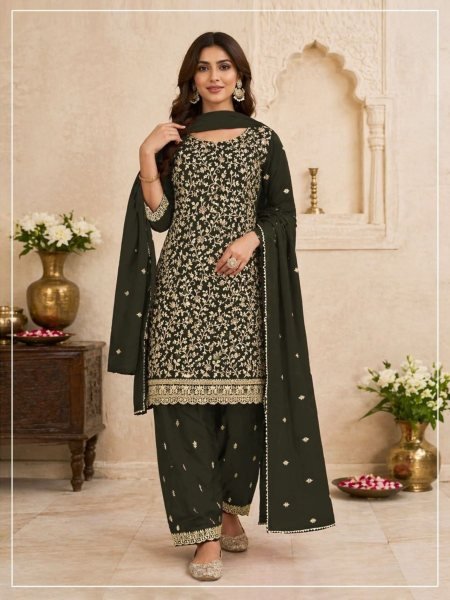Women s Mahendi Green Heavy Blooming Georgette Suit with Embroidery Work