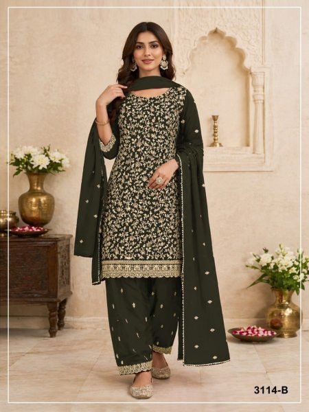 Women s Mahendi Green Heavy Blooming Georgette Suit with Embroidery Work Churidar Salwar Suits Wholesale
