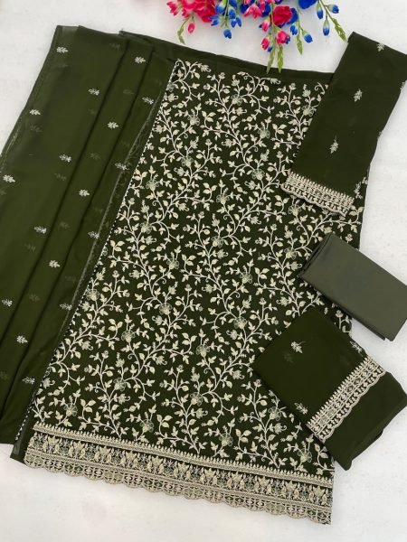 Women s Mahendi Green Heavy Blooming Georgette Suit with Embroidery Work Churidar Salwar Suits Wholesale