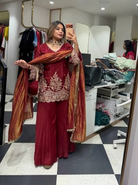 Women s Maroon French Crepe Sharara Suit with Heavy Coding Sequins Work at Wholesale Rate Ready To Wear Suit
