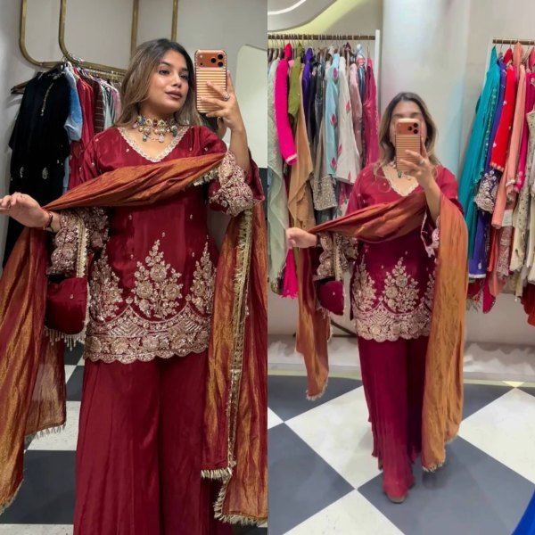Women s Maroon French Crepe Sharara Suit with Heavy Coding Sequins Work at Wholesale Rate Ready To Wear Collection