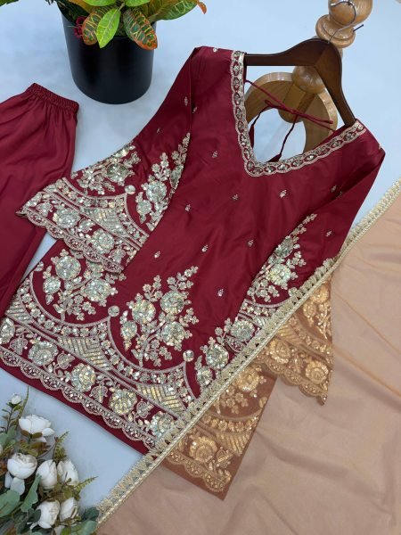 Women s Maroon French Crepe Sharara Suit with Heavy Coding Sequins Work at Wholesale Rate Ready To Wear Collection
