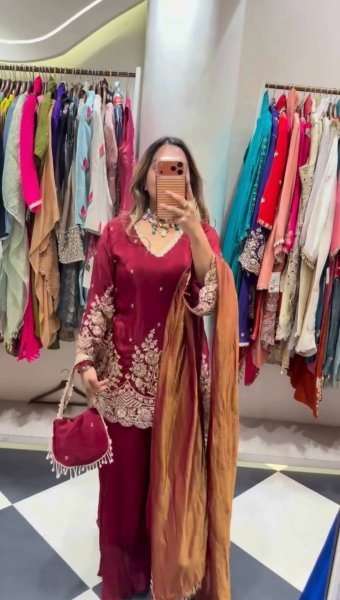 Women s Maroon French Crepe Sharara Suit with Heavy Coding Sequins Work at Wholesale Rate Ready To Wear Collection