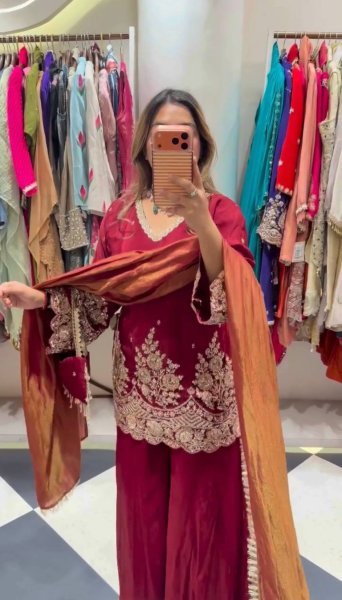 Women s Maroon French Crepe Sharara Suit with Heavy Coding Sequins Work at Wholesale Rate Ready To Wear Collection