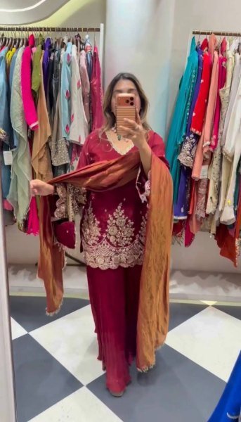 Women s Maroon French Crepe Sharara Suit with Heavy Coding Sequins Work at Wholesale Rate Ready To Wear Collection