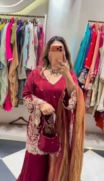 Women s Maroon French Crepe Sharara Suit with Heavy Coding Sequins Work at Wholesale Rate Ready To Wear Collection