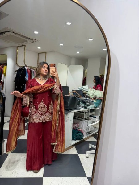 Women s Maroon French Crepe Sharara Suit with Heavy Coding Sequins Work at Wholesale Rate Ready To Wear Collection