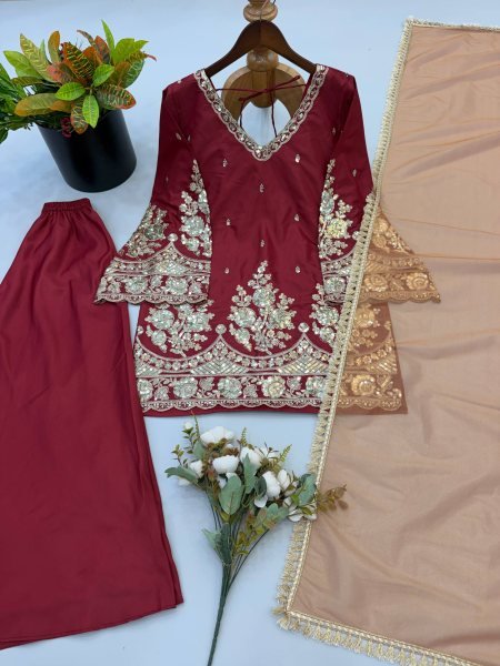 Women s Maroon French Crepe Sharara Suit with Heavy Coding Sequins Work at Wholesale Rate Ready To Wear Collection