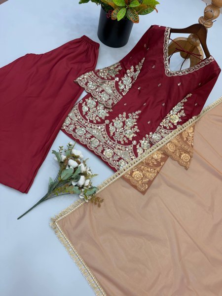 Women s Maroon French Crepe Sharara Suit with Heavy Coding Sequins Work at Wholesale Rate Ready To Wear Collection