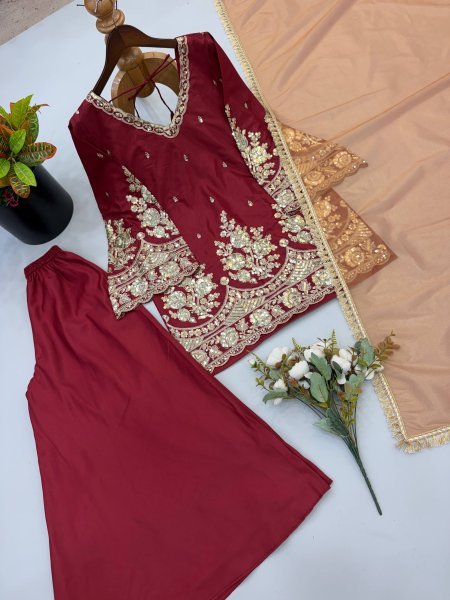 Women s Maroon French Crepe Sharara Suit with Heavy Coding Sequins Work at Wholesale Rate Ready To Wear Collection