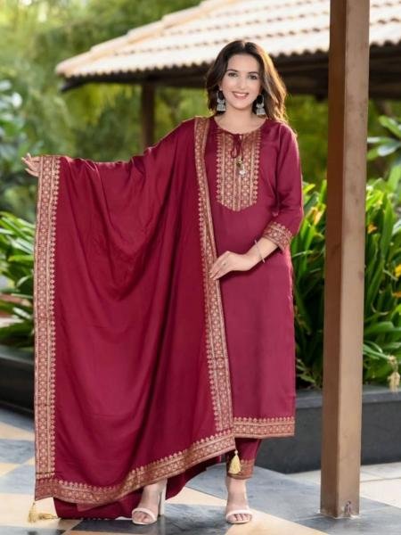 Women’s Maroon Rayon Khadi Print Kurti Dupatta Set For Everyday Wear 