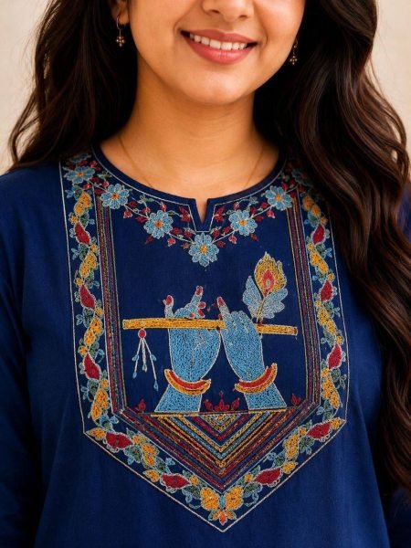 Women's Modish Blue Cotton Ethnic Kurti Pant Set for Everyday Comfort and Style Embroidery Kurtis 
