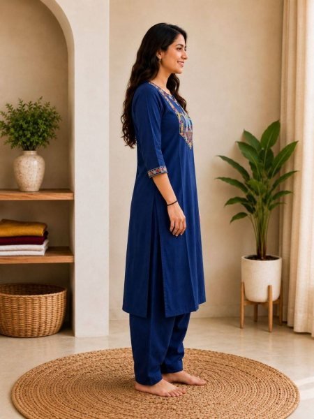 Women's Modish Blue Cotton Ethnic Kurti Pant Set for Everyday Comfort and Style Embroidery Kurtis 