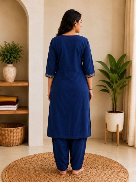 Women's Modish Blue Cotton Ethnic Kurti Pant Set for Everyday Comfort and Style Embroidery Kurtis 