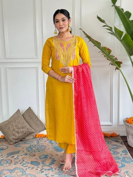 Women’s Mustard Viscose Kurta Pant Set with Embroidery & Printed Dupatta Kurtis