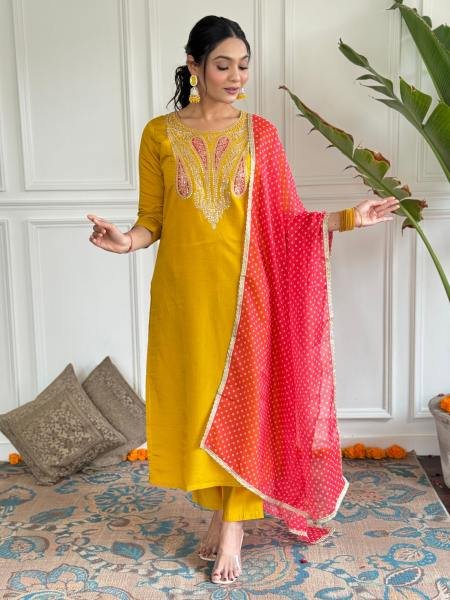 Women’s Mustard Viscose Kurta Pant Set with Embroidery & Printed Dupatta  Straight Cut Long Kurtis