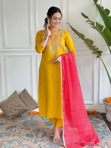 Women’s Mustard Viscose Kurta Pant Set with Embroidery & Printed Dupatta  Straight Cut Long Kurtis