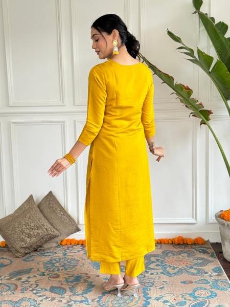 Women’s Mustard Viscose Kurta Pant Set with Embroidery & Printed Dupatta  Straight Cut Long Kurtis