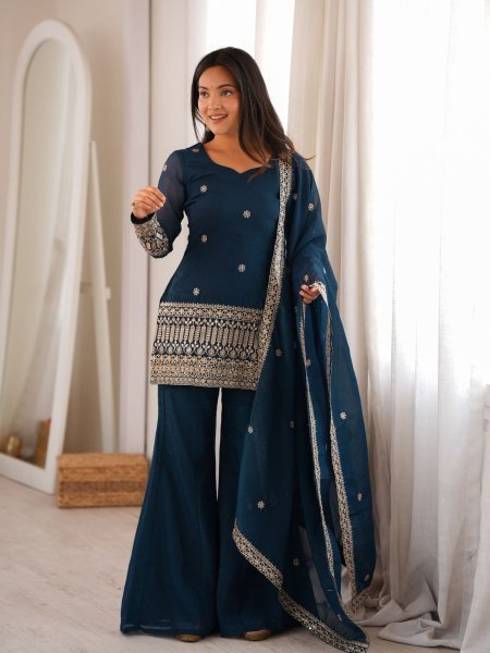 Women s Navy Blue Crunchy Silk Kurta with Embroidery Sequins and Jari Work Dupatta 