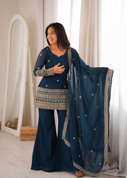 Women s Navy Blue Crunchy Silk Kurta with Embroidery Sequins and Jari Work Dupatta Ready To Wear Collection